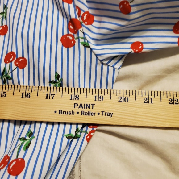 Blue Striped Cherry Print Shirt Dress Button Front Belted Collared Midi Med? - Picture 6 of 6